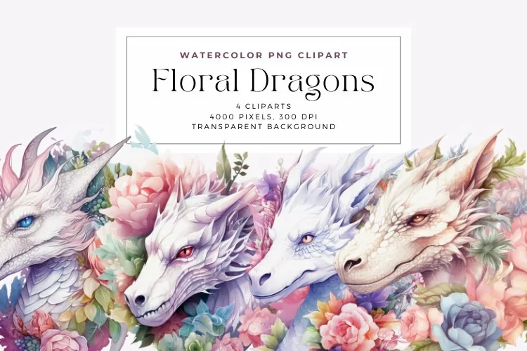 4 Watercolor Pastel Floral Dragons Clipart