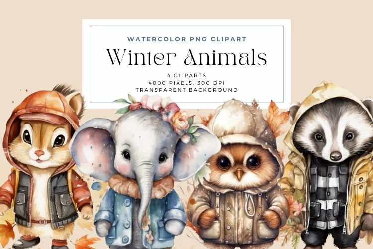 4 Watercolor Winter Animals Clipart