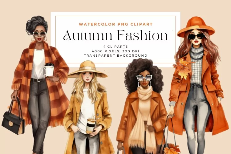 4 Watercolor Autumn Fashion Clipart