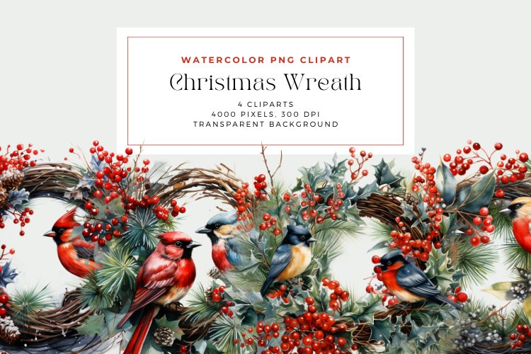 4 Watercolor Christmas Wreath Clipart example image 1