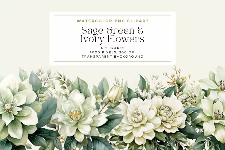Watercolor Sage Green and Ivory Flowers Clipart