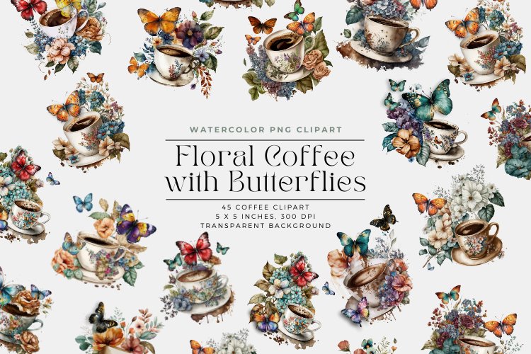 45 Watercolor Floral Coffee with Butterflies Clipart