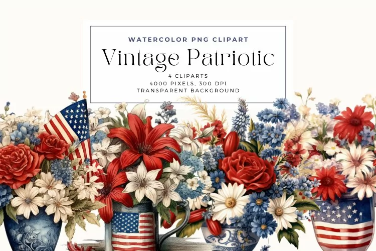 4 Watercolor Vintage Patriotic Clipart