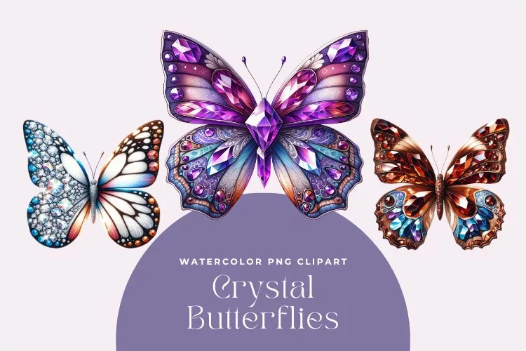 Watercolor Crystal Butterflies Clipart