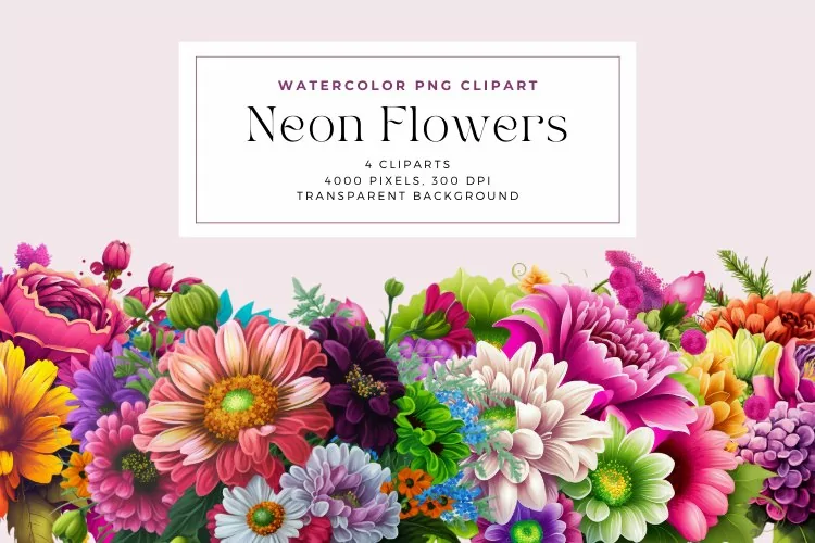4 Watercolor Neon Flowers Clipart