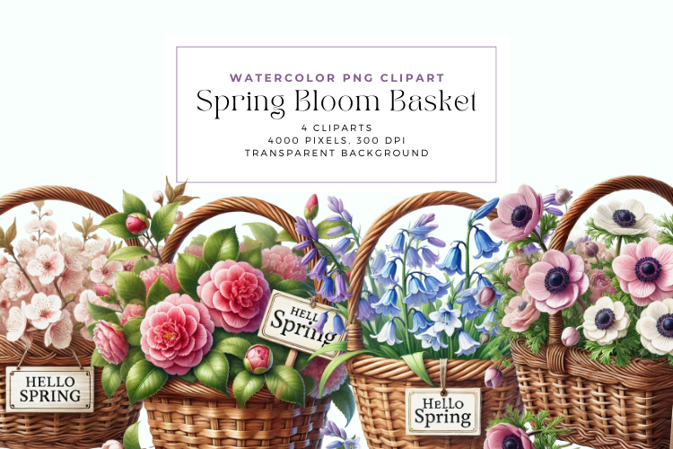 Watercolor Spring Bloom Basket Clipart
