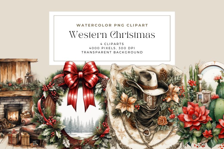 4 Watercolor Western Christmas Clipart example image 1