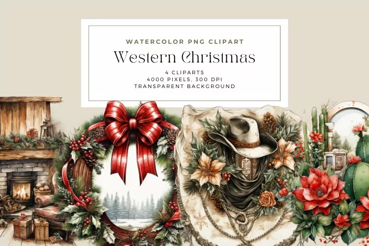 4 Watercolor Western Christmas Clipart