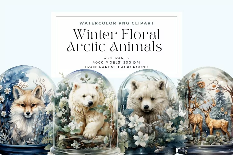 4 Watercolor Winter Floral Arctic Animals Clipart