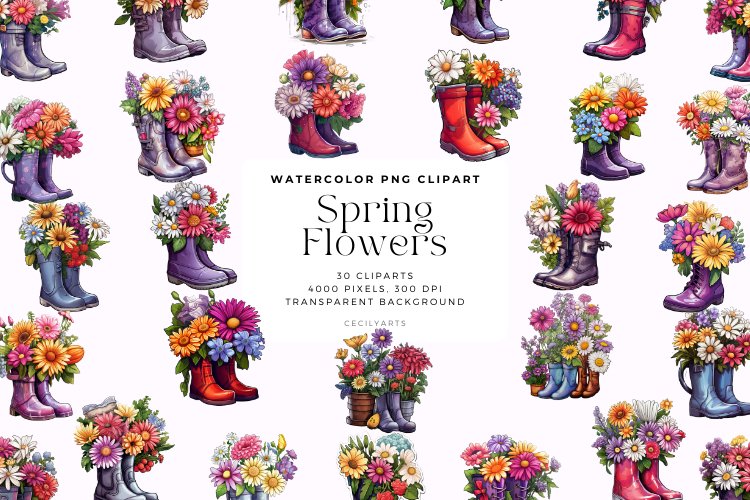 30 Watercolor Spring Flowers in a Boots Clipart example image 1