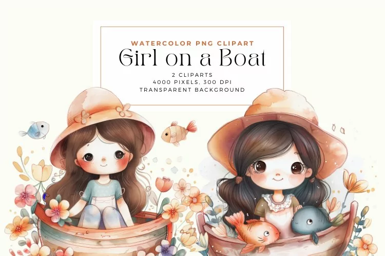 Watercolor Girl on a Boat Clipart