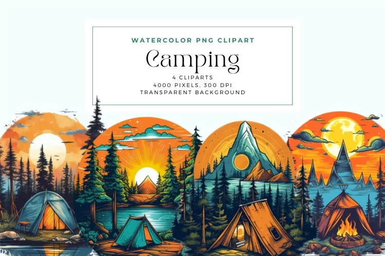 4 Watercolor Camping Clipart
