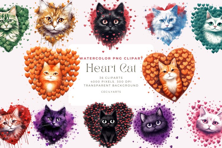 36 Watercolor Heart Cat Clipart example image 1