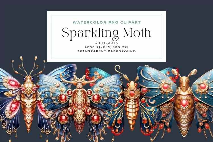 4 Watercolor Sparkling Moth Clipart