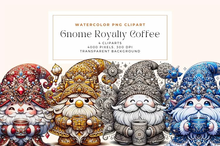 Watercolor Gnome Royalty Coffee Clipart