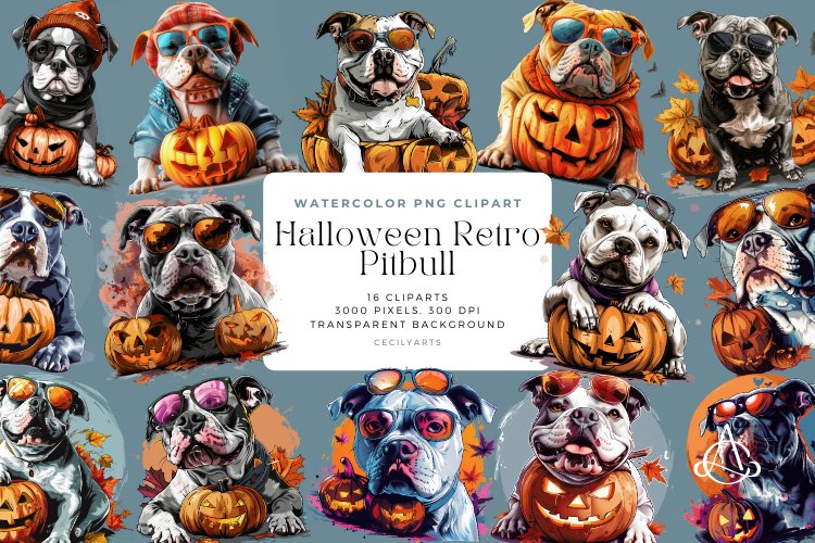 Watercolor Halloween Retro Pitbull Clipart Bundle