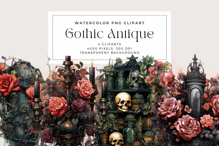 4 Watercolor Gothic Antique Clipart