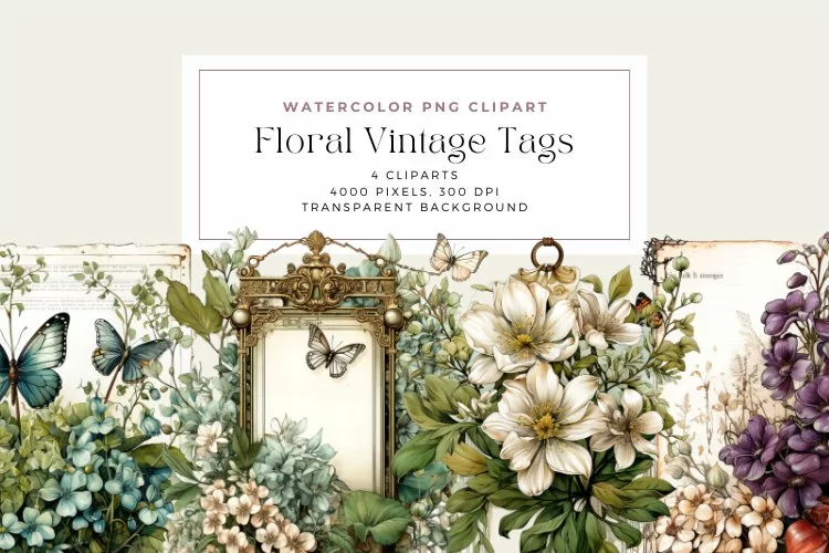 4 Watercolor Floral Vintage Tags Clipart