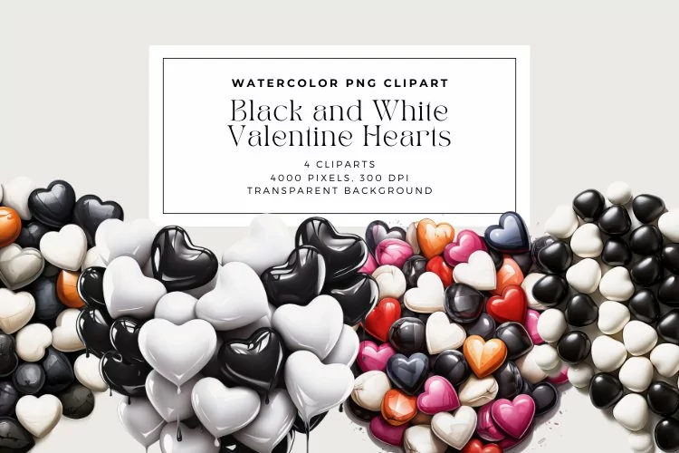 4 Watercolor Black and White Valentine Hearts Clipart