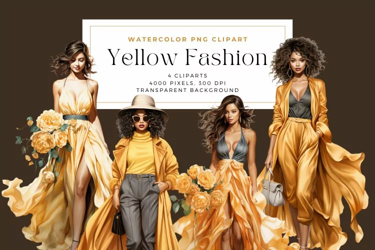 4 Watercolor Yellow Fashion Clipart