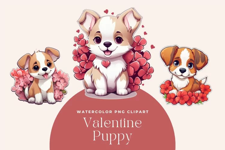 3 Watercolor Valentine Puppy Stickers Clipart