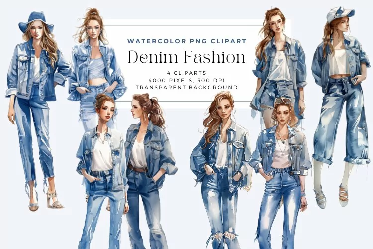 Watercolor Denim Fashion Clipart