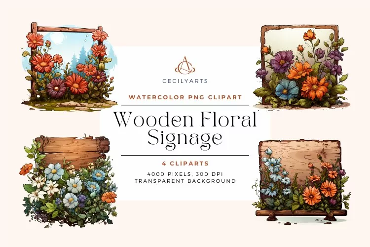4 Watercolor Wooden Floral Signage Clipart