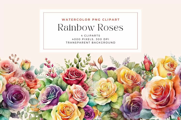Watercolor Rainbow Roses Flowers Clipart