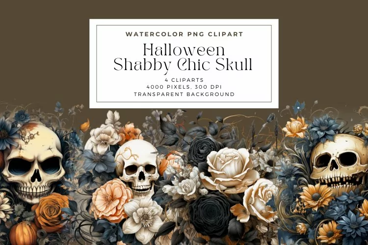 Watercolor Halloween Shabby Chic Skull Clipart