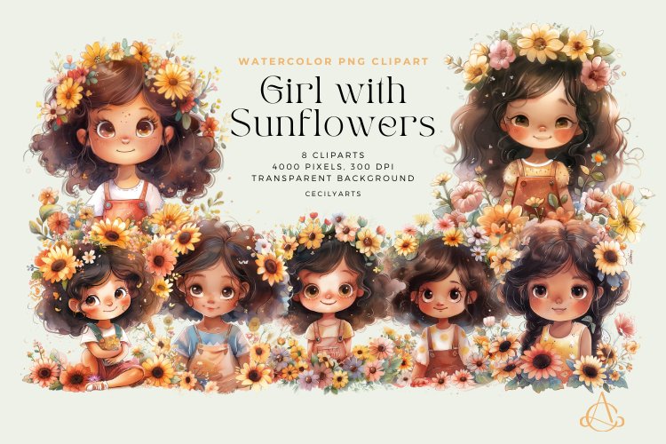 Watercolor Girl with Sunflowers Clipart Bundle
