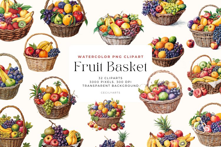Watercolor Fruit Basket Clipart Bundle example image 1