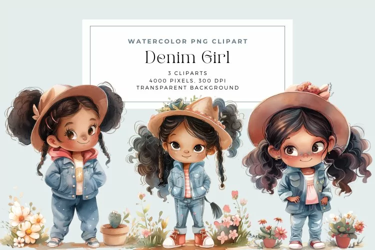 Watercolor Cute Denim Girl Clipart