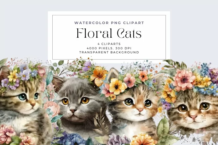 4 Watercolor Floral Cats Clipart