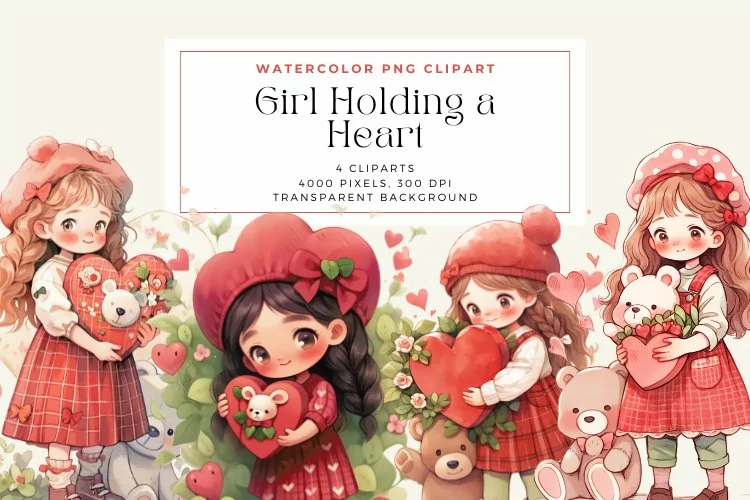 Watercolor Girl Holding a Heart Clipart
