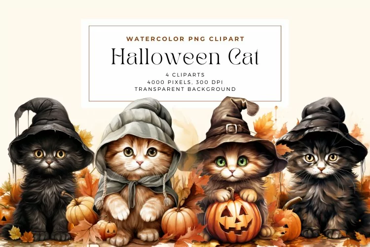 4 Watercolor Halloween Cat Clipart