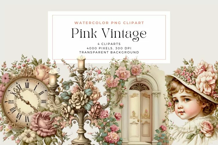 4 Watercolor Pink Vintage Clipart