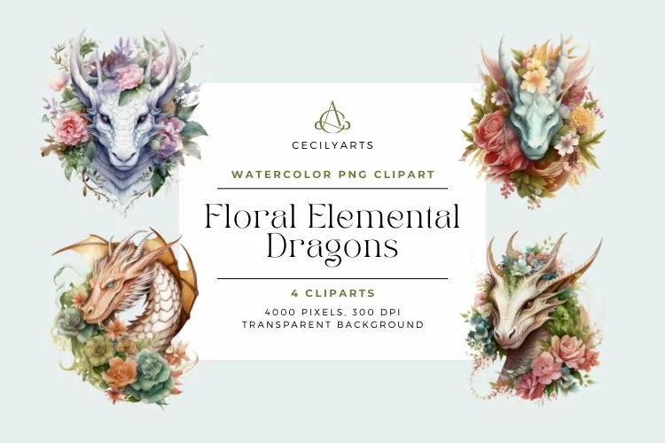 4 Watercolor Floral Elemental Dragons Clipart