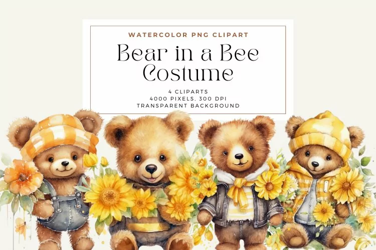 4 Watercolor Bear in a Bee Costume Clipart