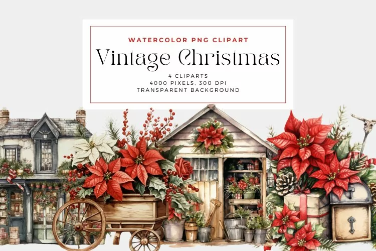 4 Watercolor Vintage Christmas Clipart