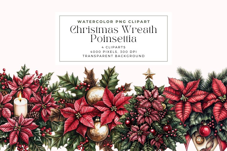 Watercolor Christmas Wreath Poinsettia Clipart