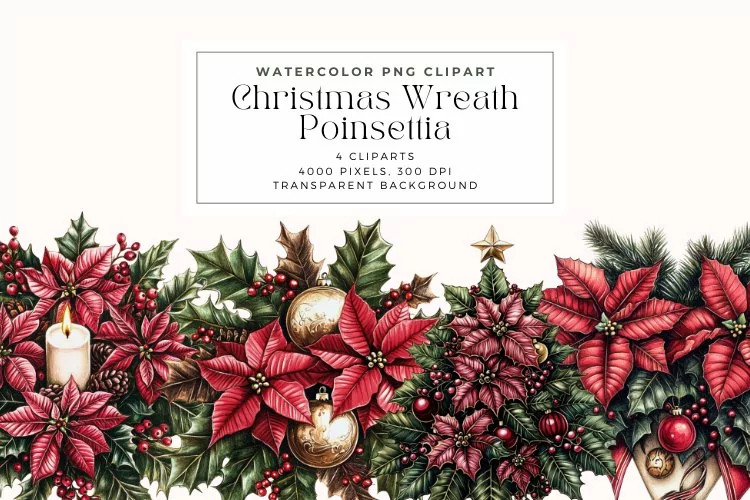 Watercolor Christmas Wreath Poinsettia Clipart