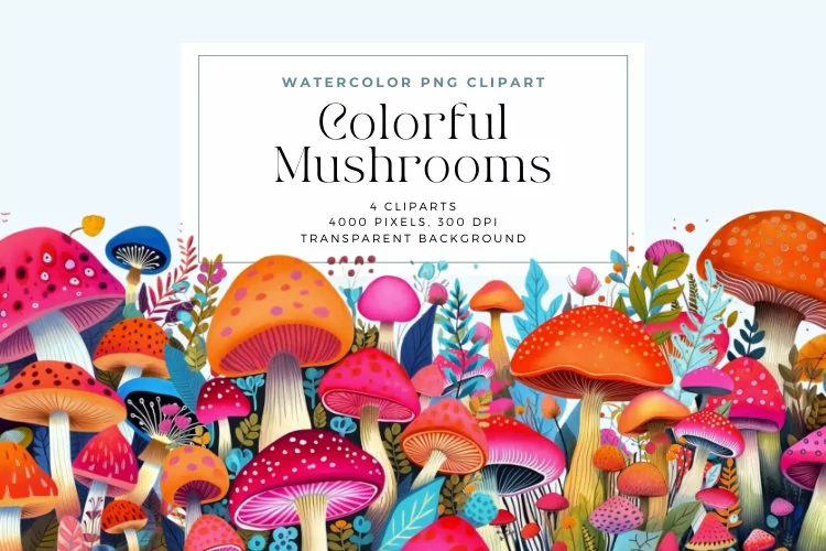 4 Watercolor Colorful Mushrooms Clipart