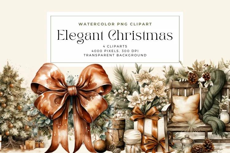 4 Watercolor Elegant Christmas Clipart