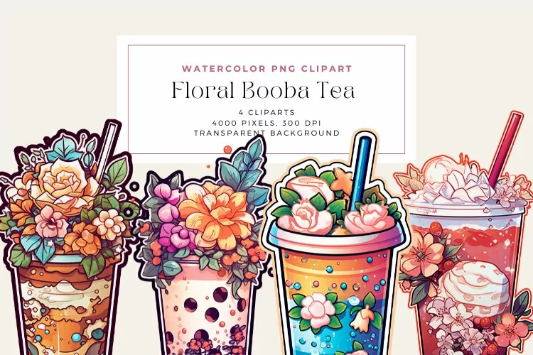 4 Watercolor Floral Booba Tea Clipart