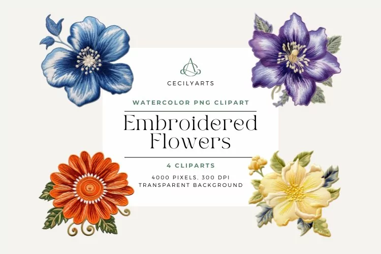 4 Watercolor Embroidered Flowers Clipart