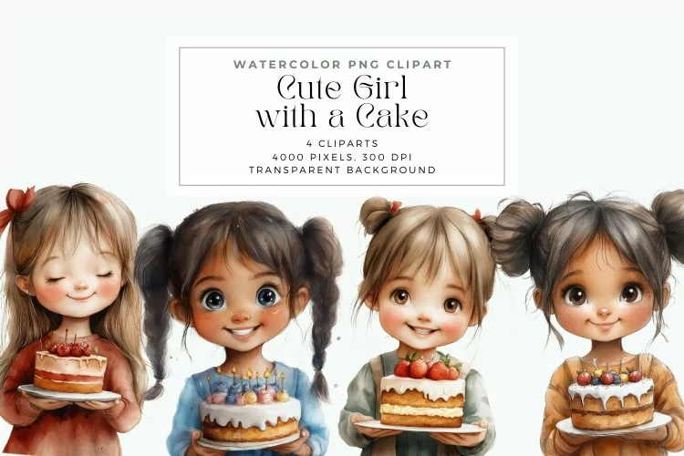 Watercolor Cute Girl with a Cake Clipart