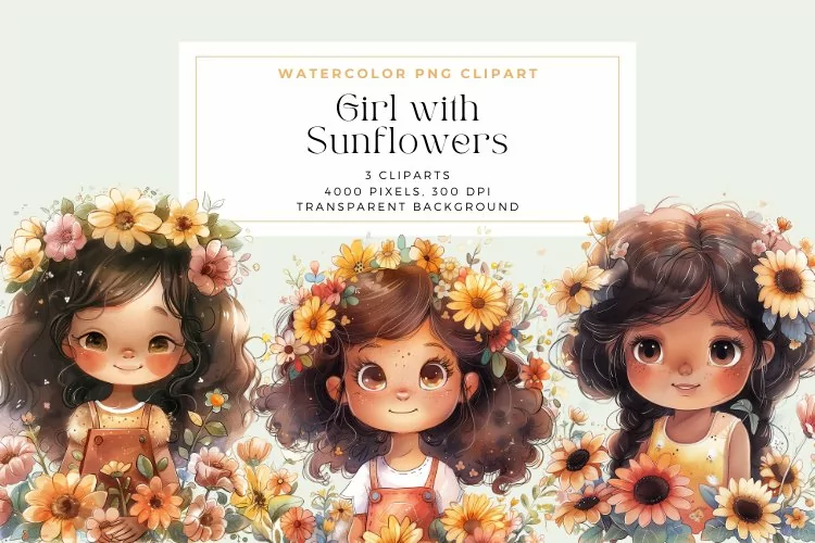 Watercolor Girl with Sunflowers Clipart