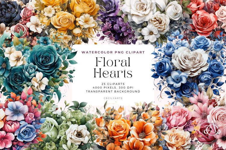 Watercolor Floral Hearts Cliparts Bundle example image 1