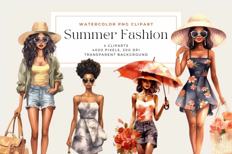 4 Watercolor Summer Fashion Clipart