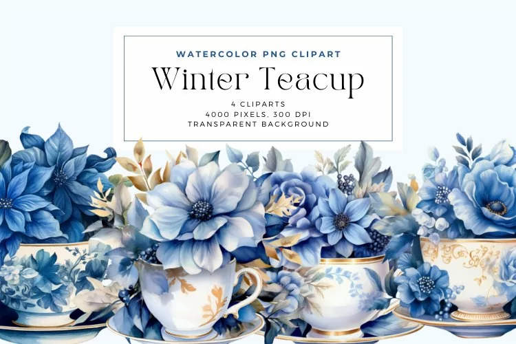 4 Watercolor Winter Teacup Clipart
